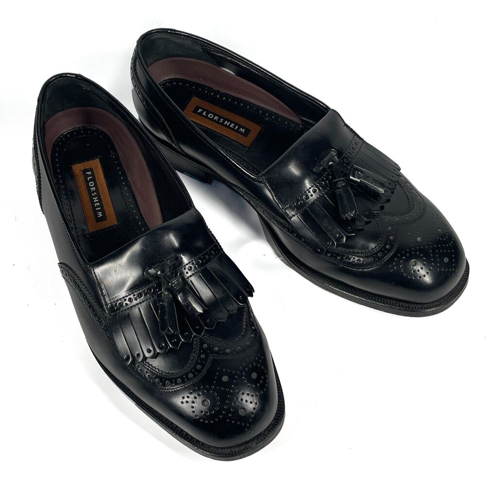 Florsheim Mens Wingtip Black Leather Loafer 9.5 3E Extra Wide Kiltie Tassel Shoe